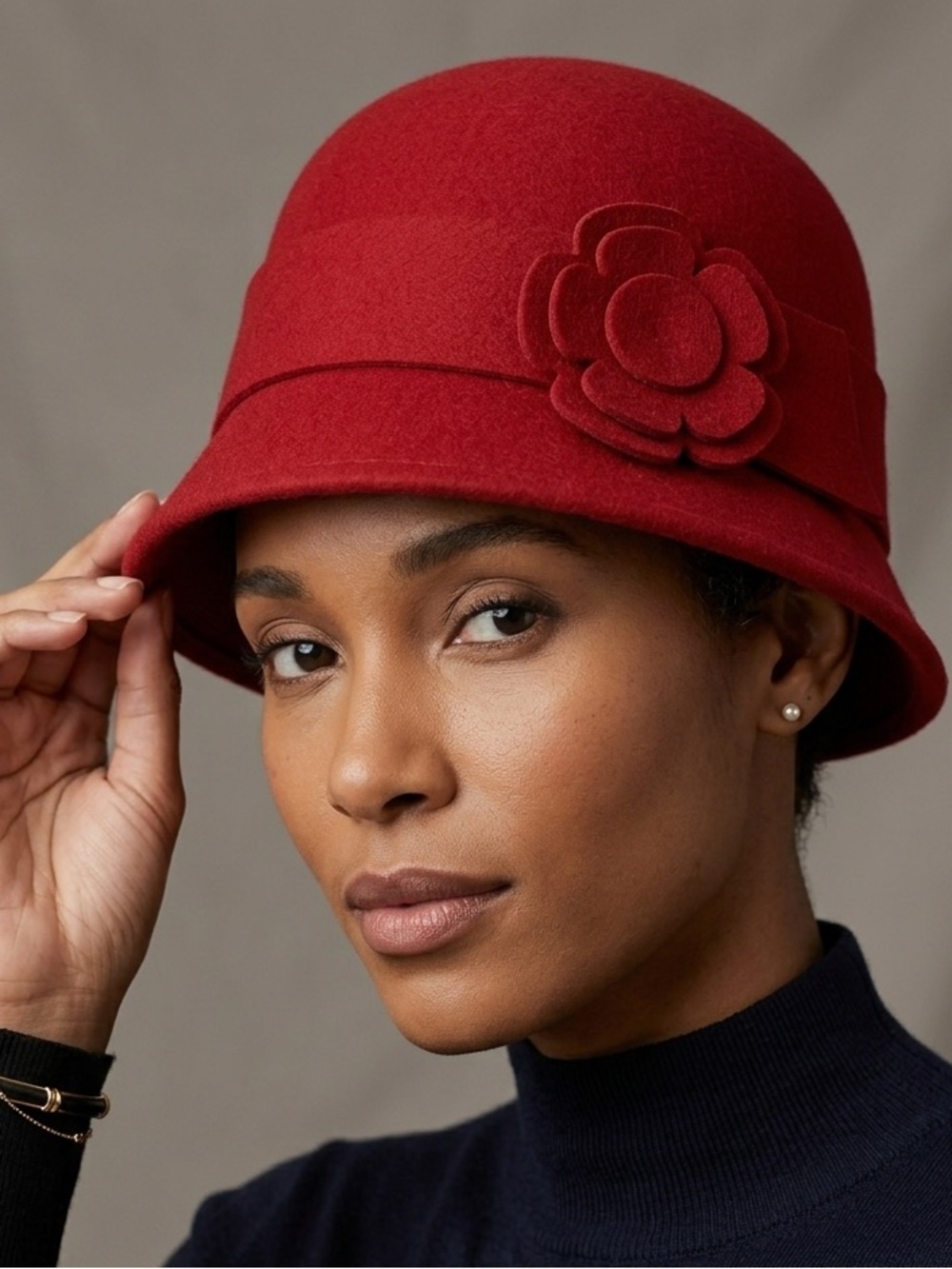 Womens Red Felt‎ Cloche Bowler Hat Cap with Floral Accent